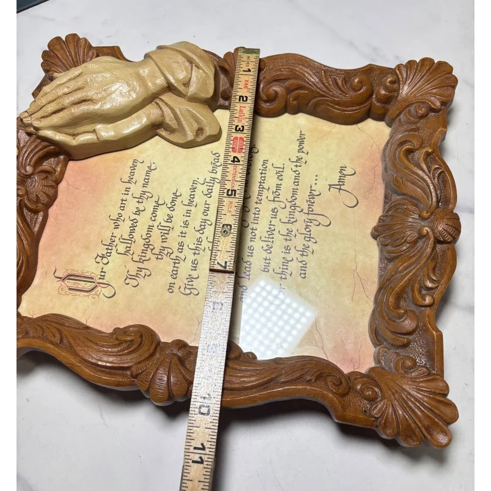 Vintage Lords Prayer Wall Plaque 3D Praying Hands Ornate Faux Wood Frame 12.5in
